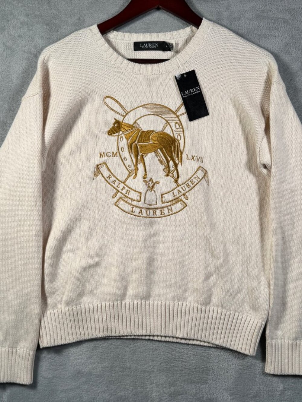 Lauren Ralph Lauren Sweater Womens M Cream Embroidered Horse Crest Gold $195